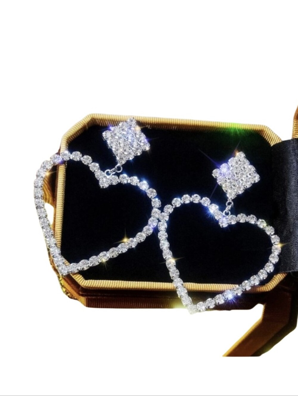 Silver Rhinestone Earring Heart Drop Earrings Crystal Statement Dangles